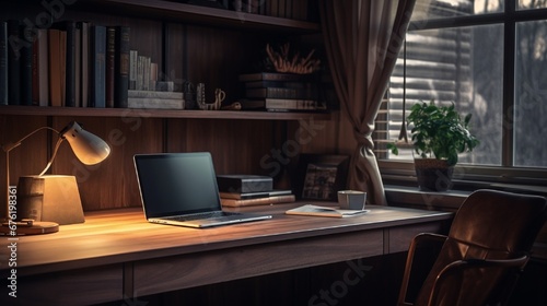 Dark tone office workplace. Wooden work desk with laptop and documents, modern interior of cozy cabinet, comfortable workspace, workplace with computer in home