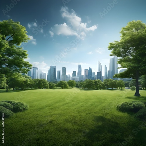 large green lawn with trees and city view behind.