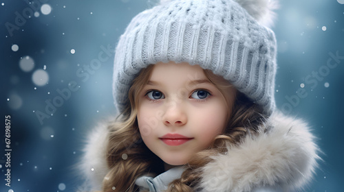 A Portrait of little girl in snowy background, winter season