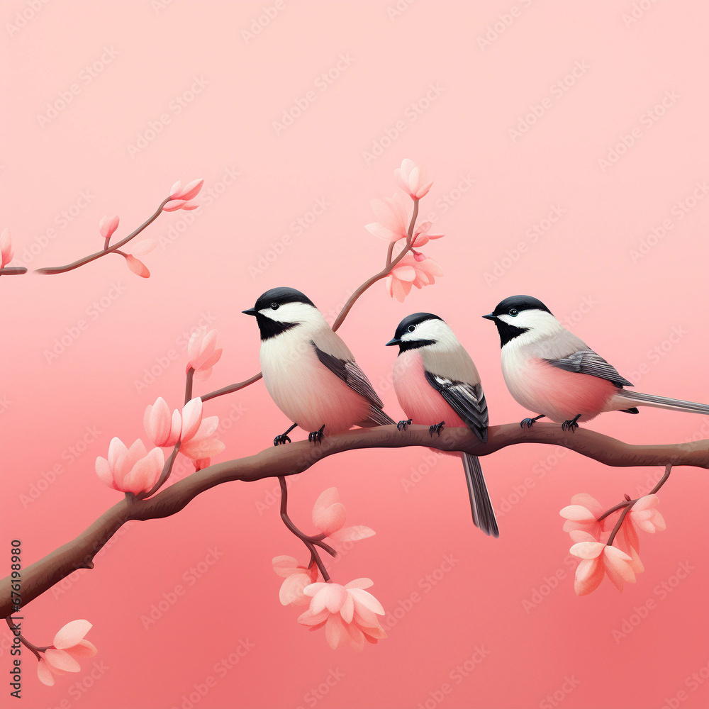 Tree cute little birds on a branch of a flowering tree, on a pink background, space for text, valentine’s day, love concept, illustration vector, wallpaper 