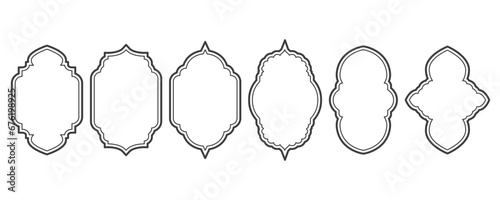 Ramadan window and door frames. Islamic arches with ornament. Oriental design elements. Arabesque and turkish outline labels. Vector decor set photo