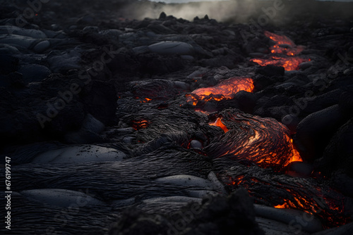 Lava was in the cracks of the earth to view the texture of the glow of volcanic magma in the cracks.