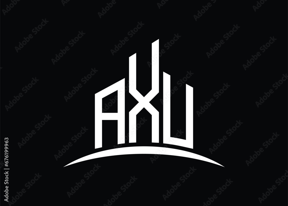 Letter AXU building vector monogram logo design template. Building Shape AXU logo.