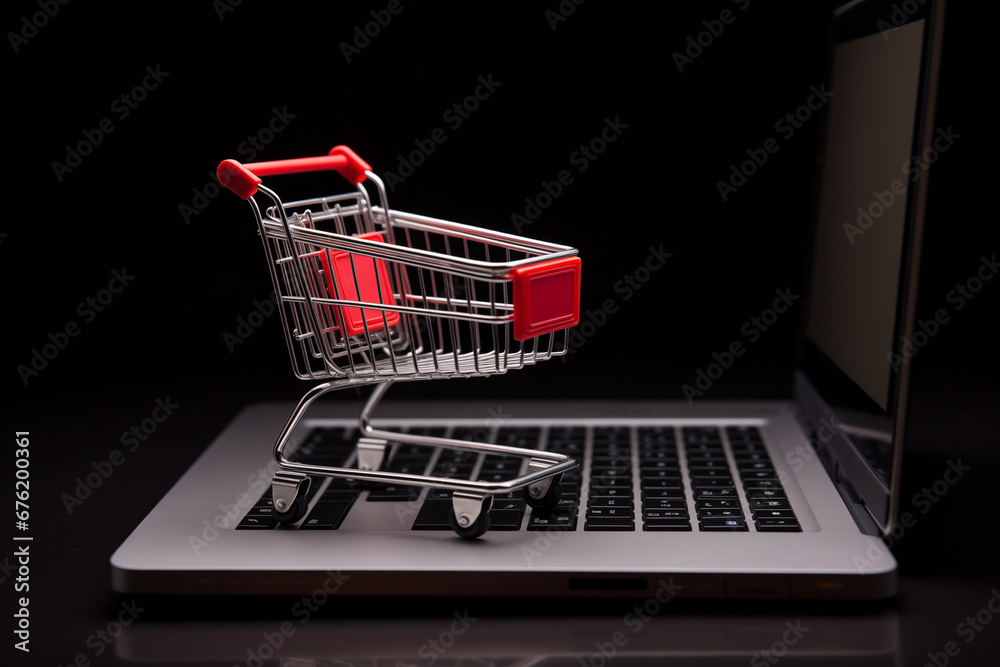 the laptop is open, there is an empty shopping cart on the keyboard