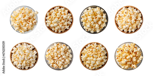 Collection set bowl of popcorn isolated on a transparent background, top view © agungai