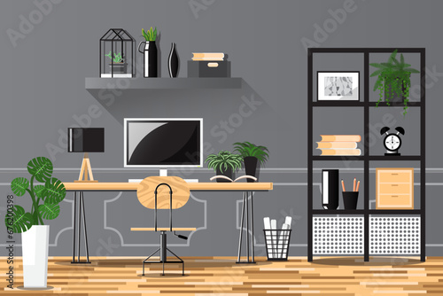 Office in modern style with work desk and computer decorated with potted plants in modern style.