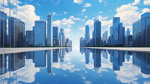 Against the backdrop of a clear, cerulean sky, skyscrapers assert their presence, their reflective surfaces mirroring the serenity of the natural world in perfect symmetry