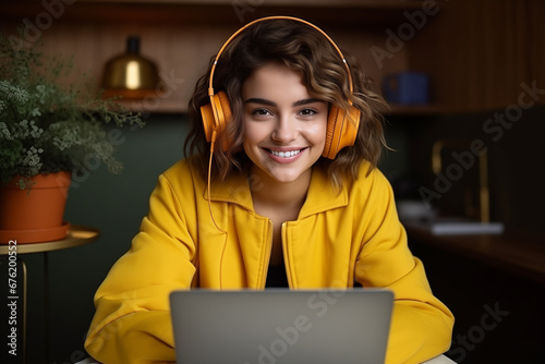 a young girl in large yellow headphones and a yellow jacket sits in front of a laptop