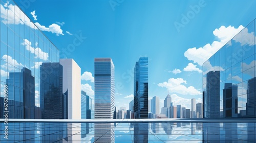 Against the canvas of a clear blue sky, skyscrapers stand tall and proud, their reflective surfaces mirroring the tranquility of the natural world