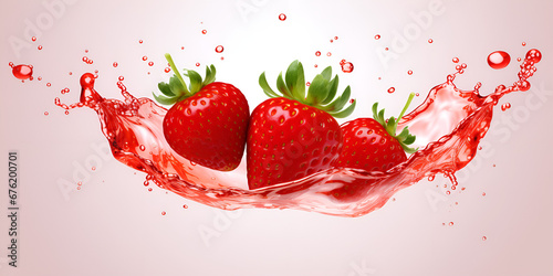 Illustration of strawberries and milk with splashes on white background,Creamy Canvas Chronicles: Whimsical Strawberries Drenched in Milky Elegance
