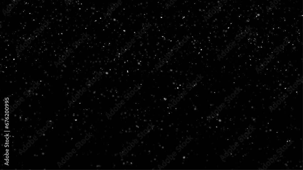 Falling Snow down On The Black Background. Snowstorm texture. Bokeh lights on black background, shot of flying snowflakes in the air