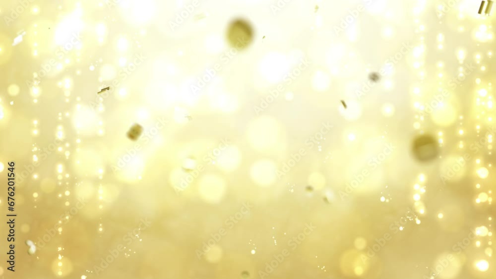 Gold confetti party glitter shimmer lights falling celebration event concept. Happy new year or Merry christmas greeting defocused abstract particles holiday festival on golden background. Gold confetti party glitter shimmer lights falling celebration event concept. Happy new year or Merry christmas greeting defocused abstract particles holiday festival on golden background.