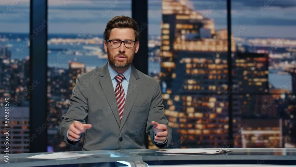 Serious newsreader speaking newscast evening studio closeup. Man broadcasting 