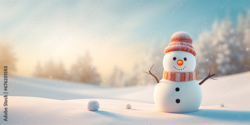 Happy snowman standing in snowy winter landscape. Merry Christmas and Happy New Year, copy space.