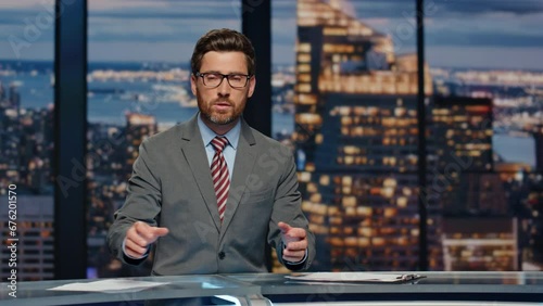 Serious newsreader speaking newscast evening studio closeup. Man broadcasting 