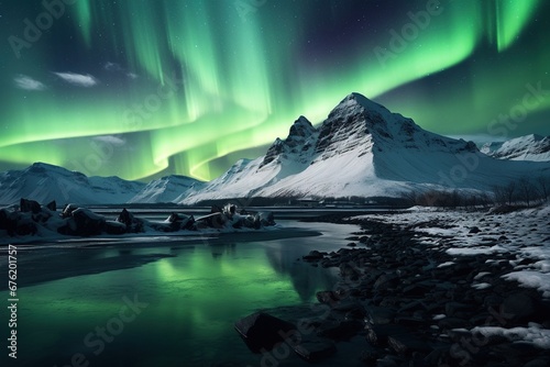 Northern lights over snowy mountain range with reflection in water © Rudsaphon