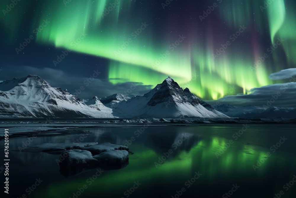 Northern lights over snowy mountain range with reflection in water