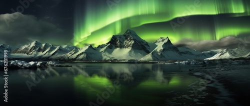 Northern lights over snowy mountain range with reflection in water © Rudsaphon