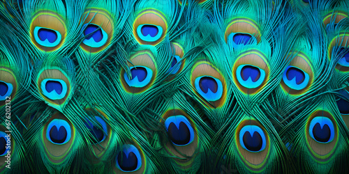 Green Blue Peacock Feathers Background,A close up of a bunch of peacock feathers with blue eyes generative ai  © Safia