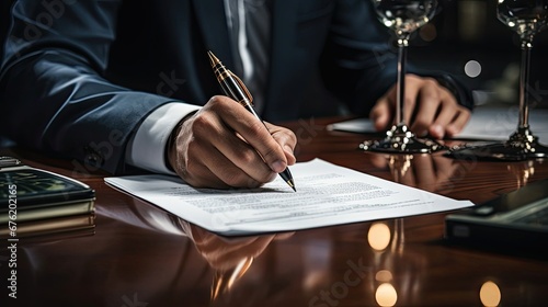 A hand with a pen signs a sheet of paper an important document for signing an agreement, the concept of agreement documents and making deals in business