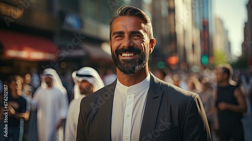 Arabic man modern businessman Muslim against the backdrop of a big city photo