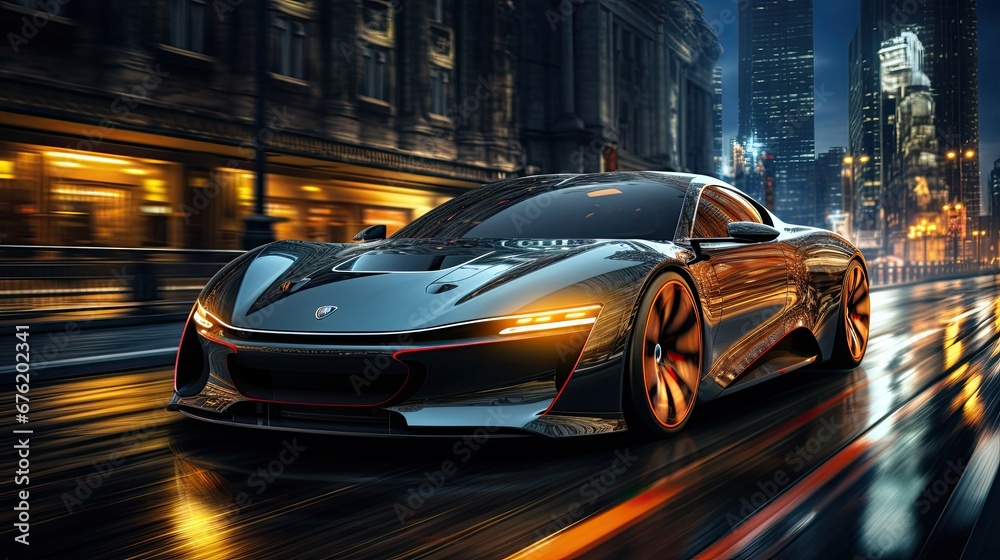 Beautiful fast racing car supercar sports car driving at night on the road at high speed in a big city
