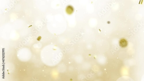 Gold confetti party glitter shimmer lights falling celebration event concept. Happy new year or Merry christmas greeting defocused abstract particles holiday festival on golden background.