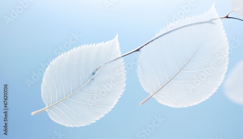 Ethereal botanical art delicate white leaf on serene blue backdrop with enchanting bokeh