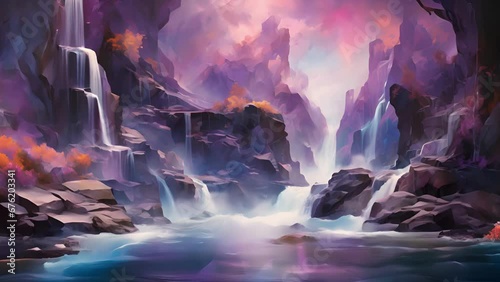 A shimmering ayst waterfall, cascading down a series of jagged rocks in a symphony of color and sound. The water itself takes on a violet hue as it crashes against the rocks, creating an photo