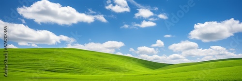 Breathtaking view of vast green fields under serene blue sky with fluffy white clouds