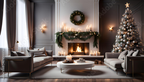 Luxury, stylish and modern living room with fireplace and Christmas tree