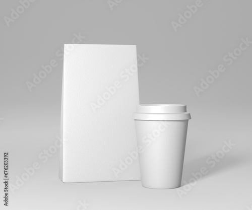 Coffee Bag and Cup 3d render on white floor background For product presentation Mockup.