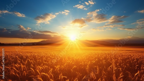 Sunrise over serene countryside vibrant wheat fields and clear blue sky with fluffy white clouds © Ilja