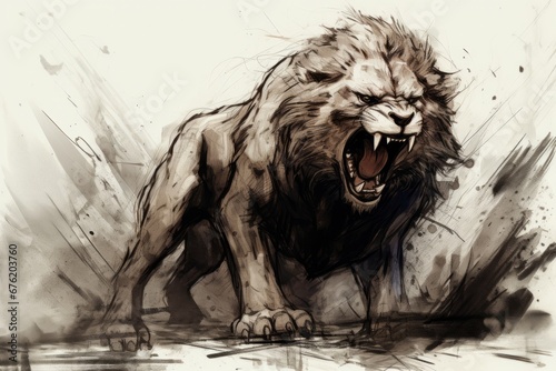 2D Grunge Aesthetic of a roaring Lion Pencil Sketch