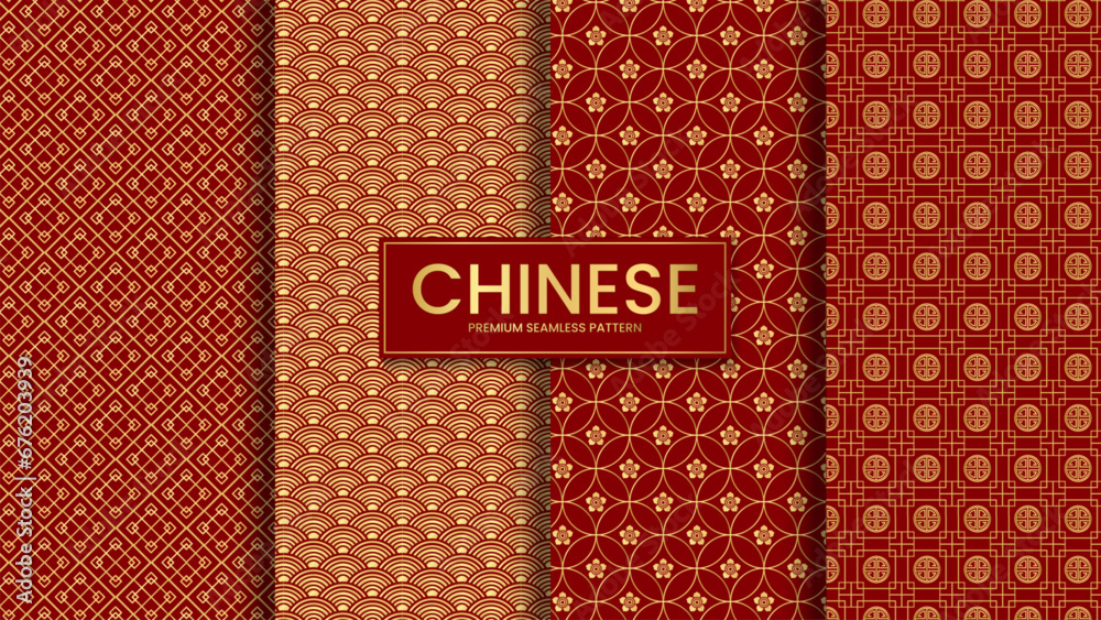Chinese new year luxury premium seamless pattern set vector illustration - obrazy, fototapety, plakaty 
