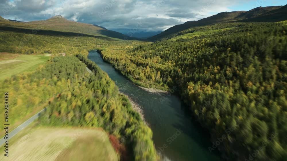 A wide forest-covered valley. A river meanders through the valley. Aerial view. A wide forest-covered valley. A river meanders through the valley. Aerial view.