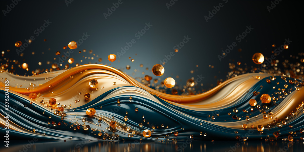 Jewels and abstract liquid gold, golden waves background. Black futuristic luxury wavy gold bokeh, golden shiny sparkle wallpaper surface for elegant card, concept, salon,  packaging brochure. - obrazy, fototapety, plakaty 