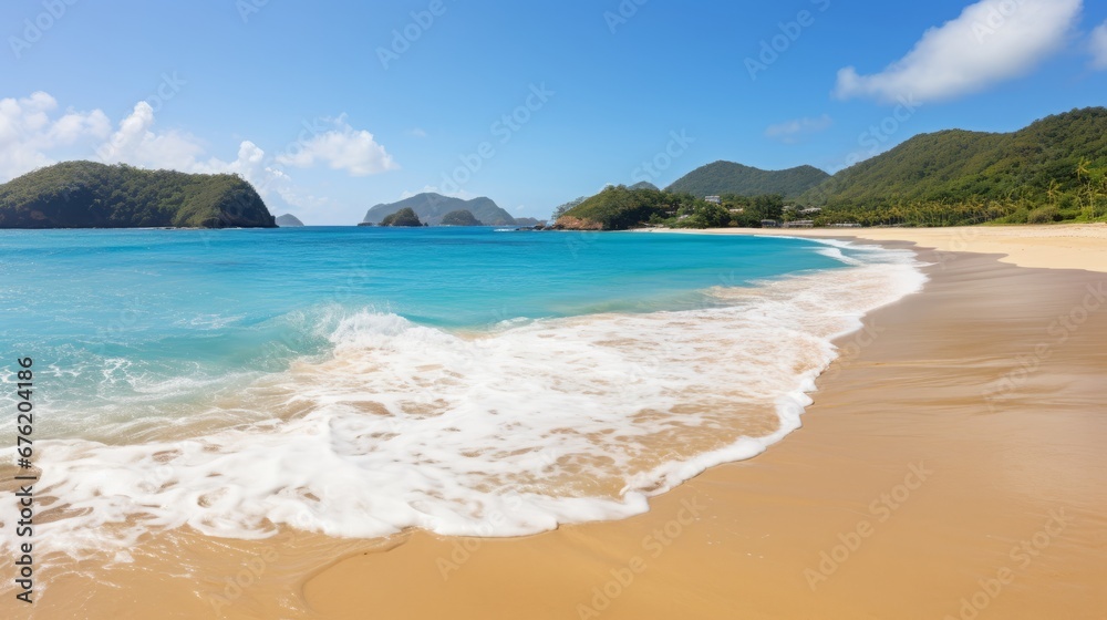 Awe inspiring tropical summer beach golden sunlight, soft sand, and crystal clear ocean water
