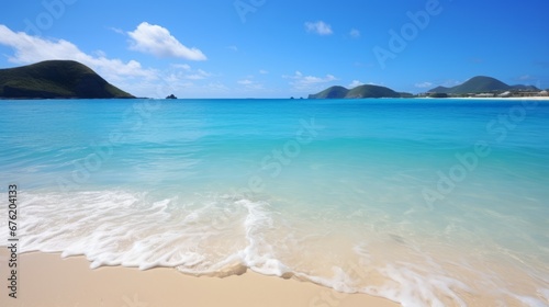 golden sunlight shining on a serene tropical beach with powdery sand and crystal clear ocean water