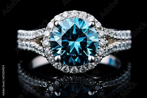white gold inlaid blue diamond halo ring