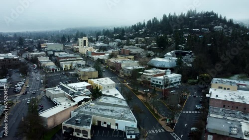 Ashland, Oregon, USA, Winter 2023.  Downtown. Moving over at downtown and the Plaza.  Showing Ashland Springs Hotel, and the OSF Elizabethan Theater. photo