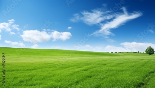 Expansive landscape with lush green fields, fresh grass, and serene blue sky with fluffy clouds