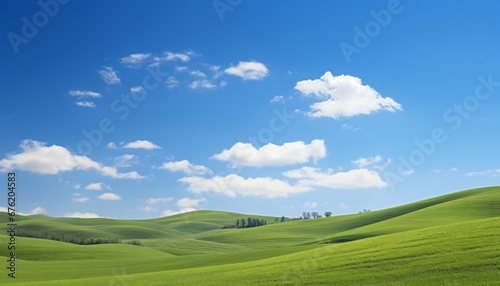 Breathtaking landscape vast green fields under a serene blue sky with fluffy white clouds