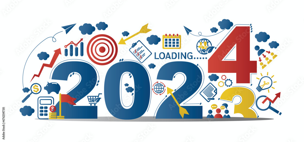 2024 new year goal plan action with target icons, Business plan, financial plan and strategies. Annual plan and development for achieving goal, achievement and success in 2024. Vector illustrator set. - obrazy, fototapety, plakaty 