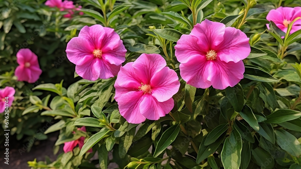 Fototapeta premium Close up of vibrant pink Cistus rambling rose type flower on lush green bush of green leaf background growing in organic garden floral bed in Summer day light : Generative AI