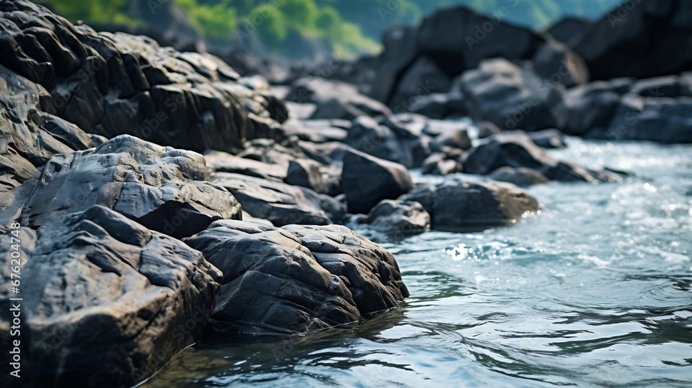 Close up to the river flowing between rocks, beautiful stone textures carved by water, background out of focus in purpose : Generative AI Close up to the river flowing between rocks, beautiful stone textures carved by water, background out of focus in purpose : Generative AI