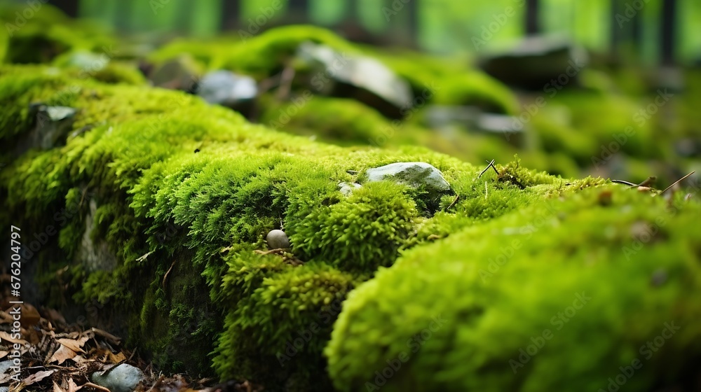 Beautiful Bright Green moss grown up cover the rough stones and on the floor in the forest. Show with macro view. Rocks full of the moss texture in nature for wallpaper. : Generative AI