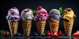 Various of ice cream flavor in cones blueberry ,strawberry ,pistachio ,almond ,orange and cherry setup on dark stone background . Summer and Sweet menu concept. : Generative AI