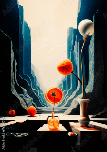 Abstract futuristic concept. An abstract imaginary space. Orange glass bottle, unusual architecture. Abstract orange balls as flowers. Depth of space, perspective view. Blue rocks and orange details.