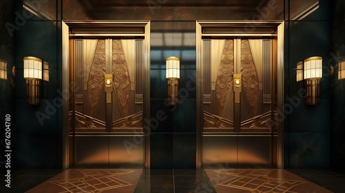 Dramatic golden elevators in fancy urban skyscraper building with relief sculptures and marble wall with lights and sconces : Generative AI photo